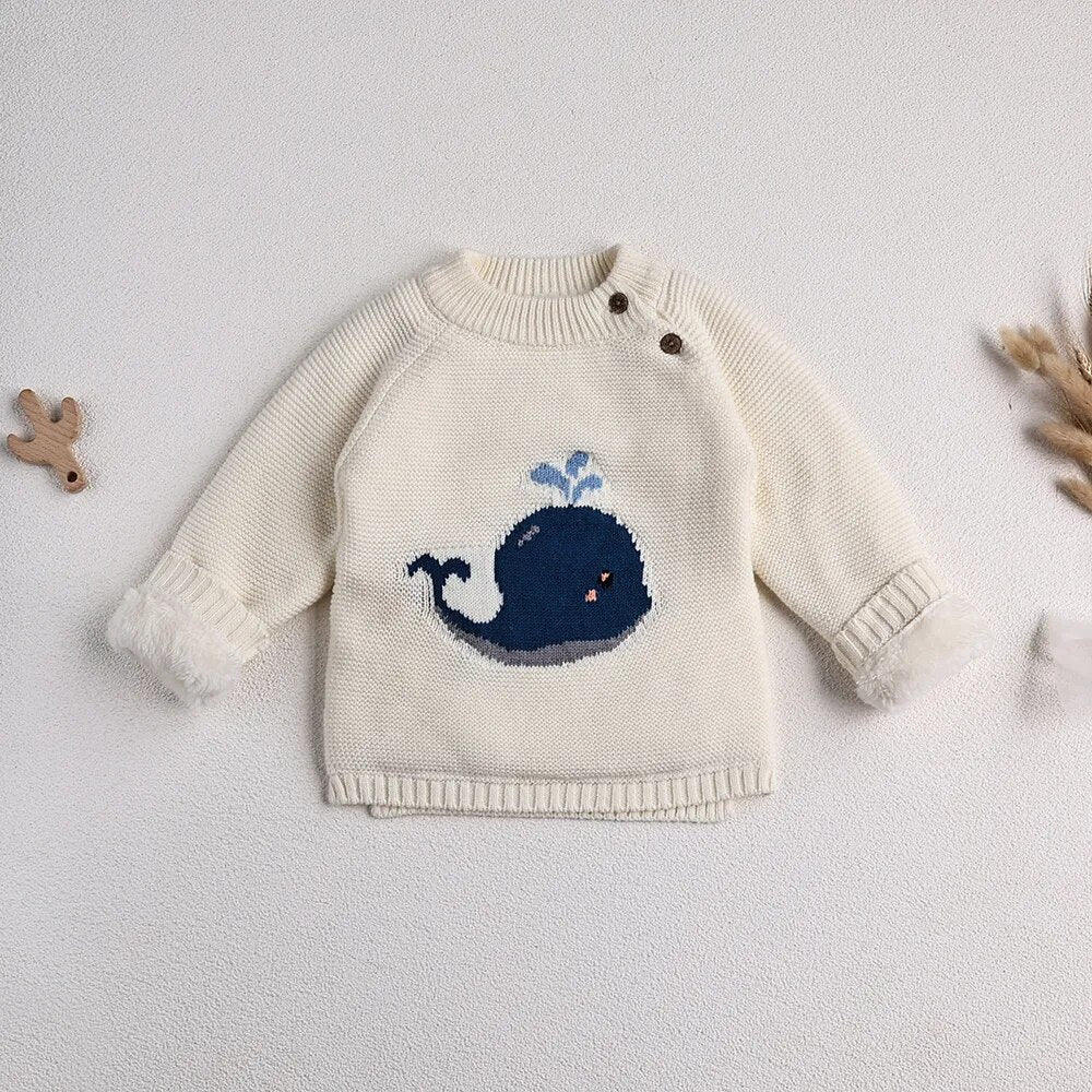 Fur Lining Embroidered Whale Sweater