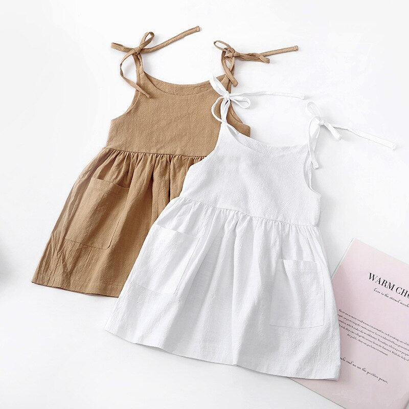 Girls Casual Tie Shoulder Linen Dress