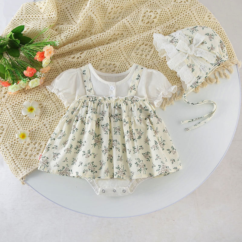 3 Pcs Floral Vintage Romper With Hat Set