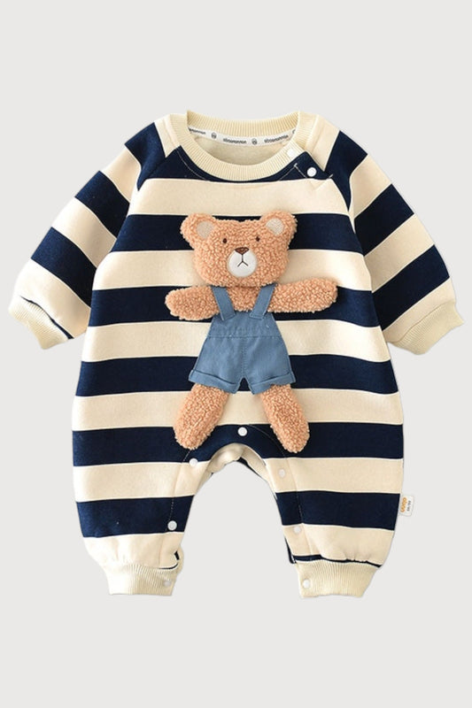 Long Sleeve Teddy Bear Striped Jumpsuit