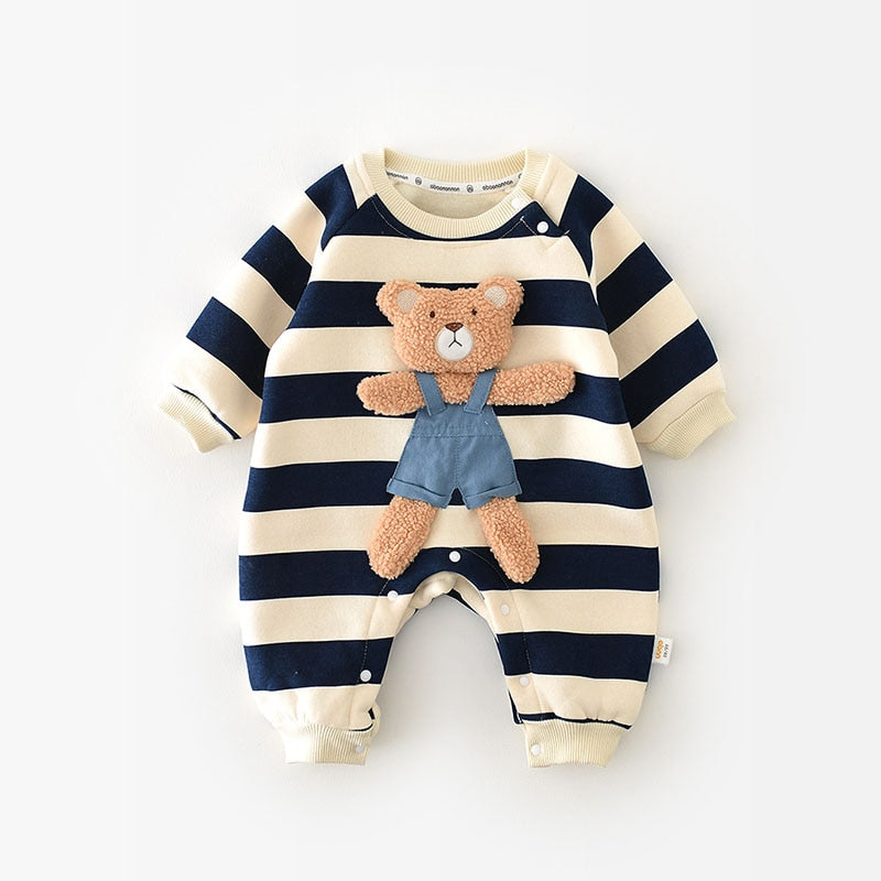 Long Sleeve Teddy Bear Striped Jumpsuit