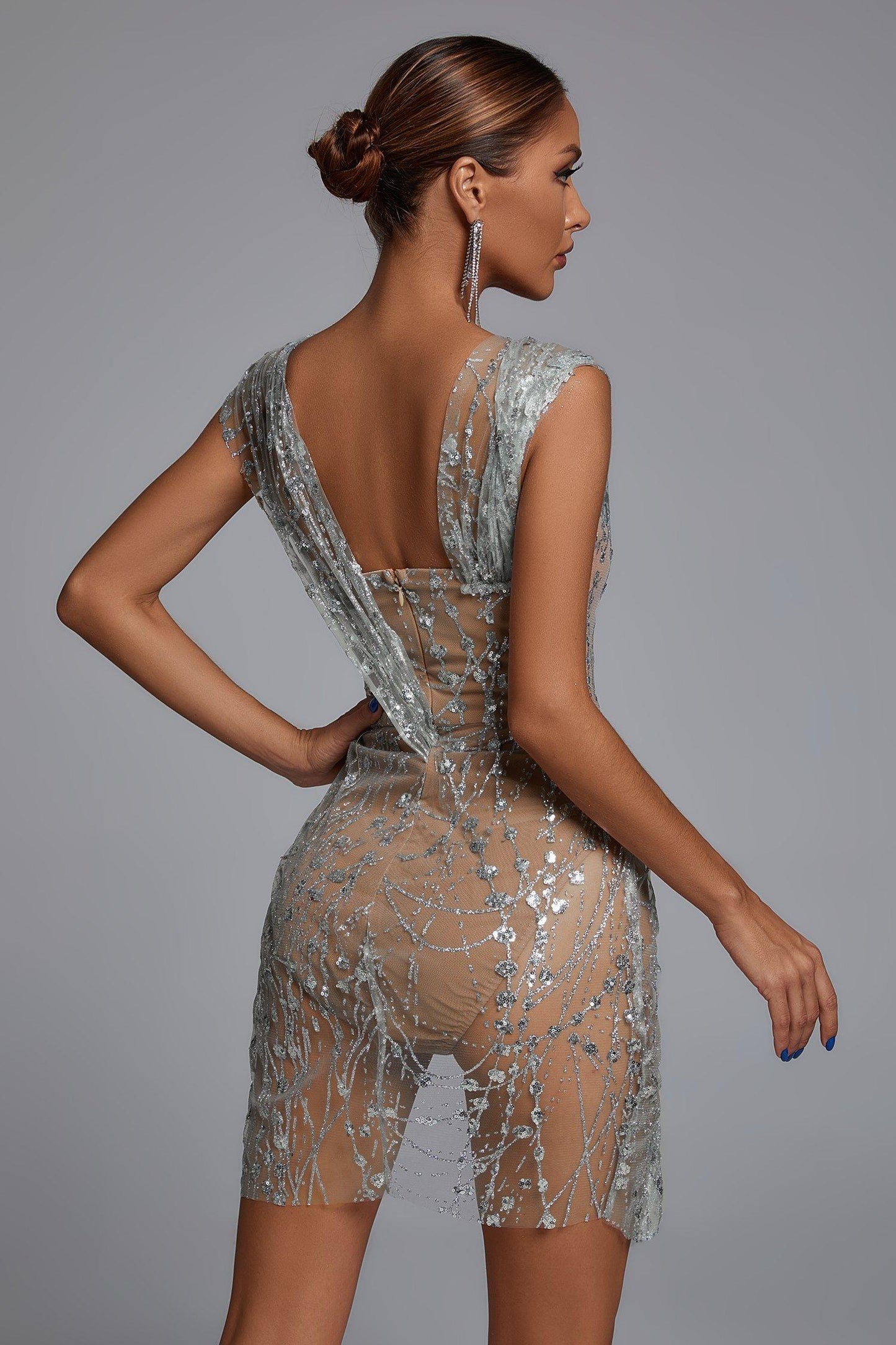 Sedaya Glitter Mesh Minikleid - Silber