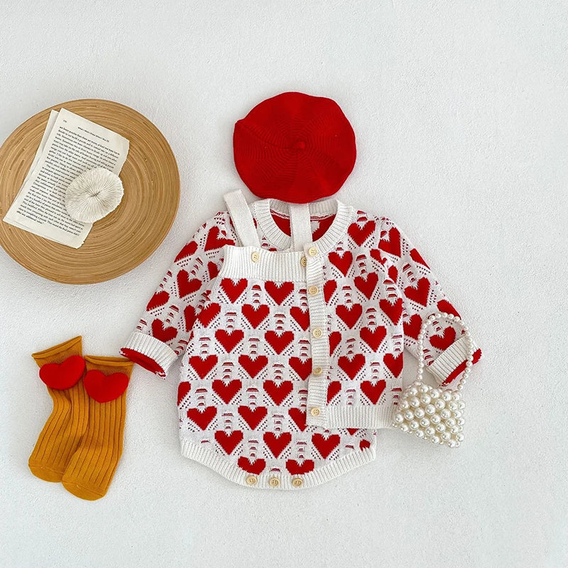 Heart Print Knitted Love Bodysuit Sweater Set