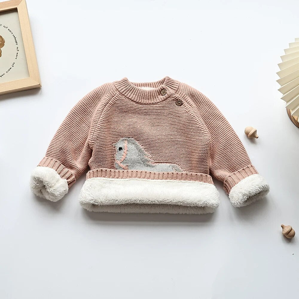 Fur Lining Embroidery Horse Sweater