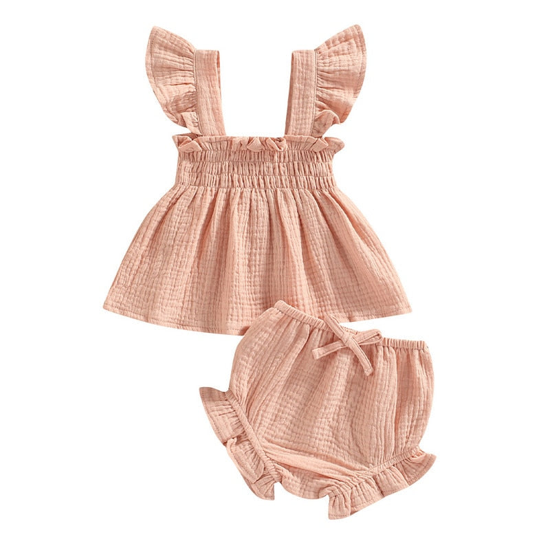 Solid Cotton Square Neck Fly Sleeve Romper Set