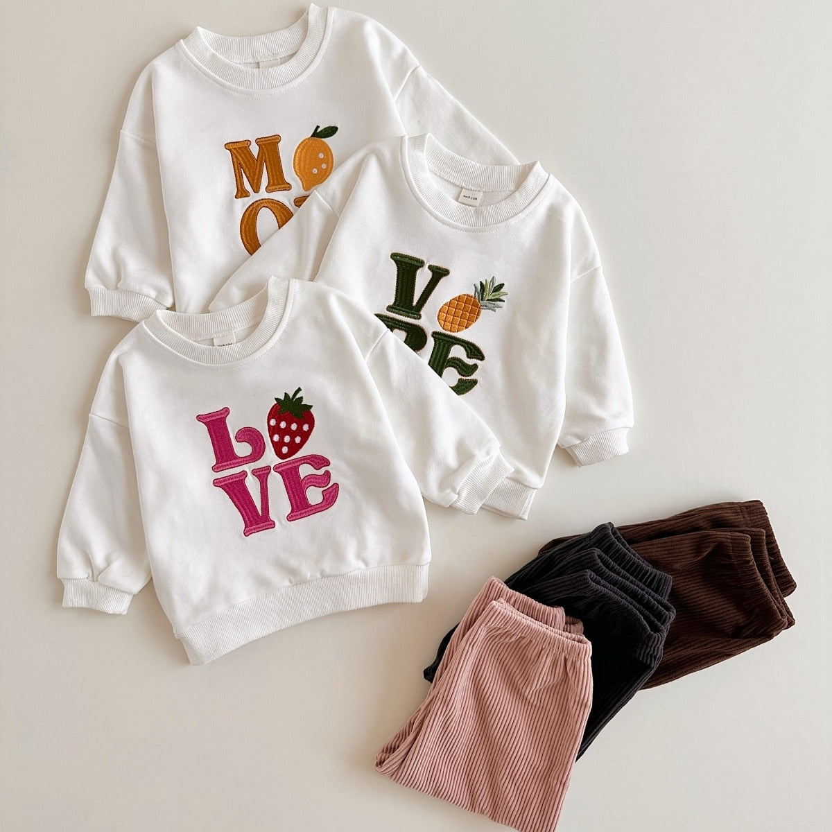 Embroidered Fruit Sweaters+Corduroy Pants Casual Sets