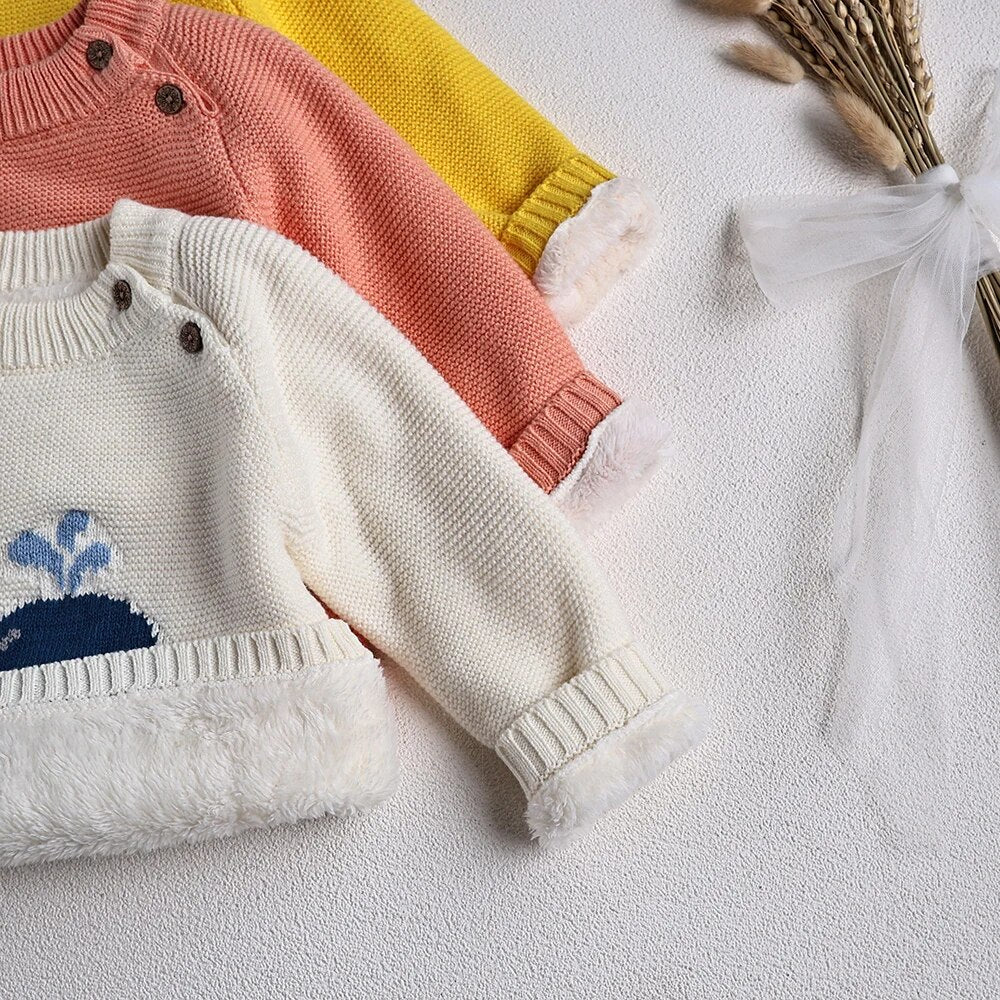 Fur Lining Embroidered Whale Sweater