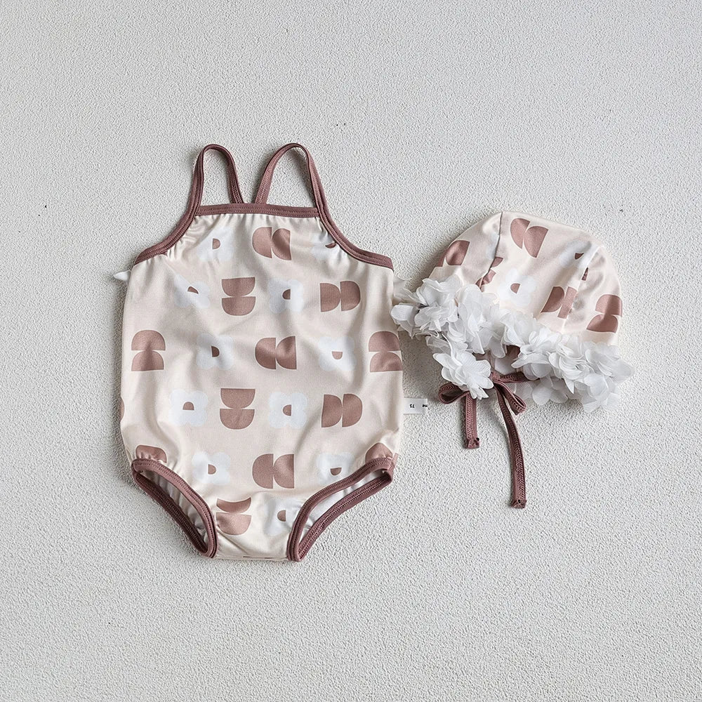 Baby Girls Floral Bandage Swimsuit With Hat