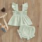 Solid Cotton Square Neck Fly Sleeve Romper Set