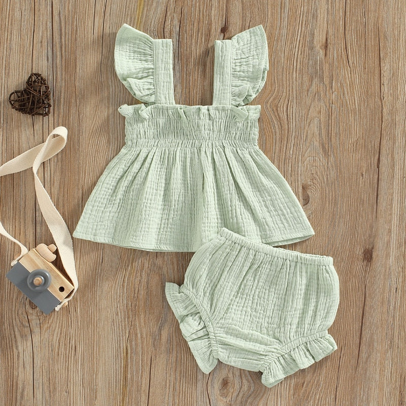 Solid Cotton Square Neck Fly Sleeve Romper Set