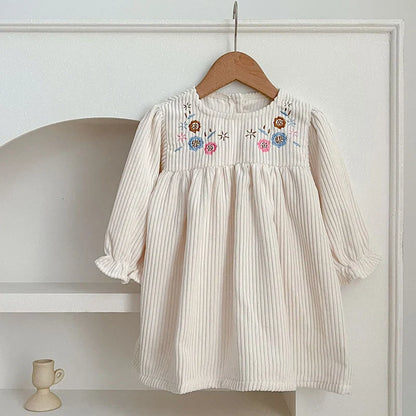 Corduroy Flower Embroidered Dress