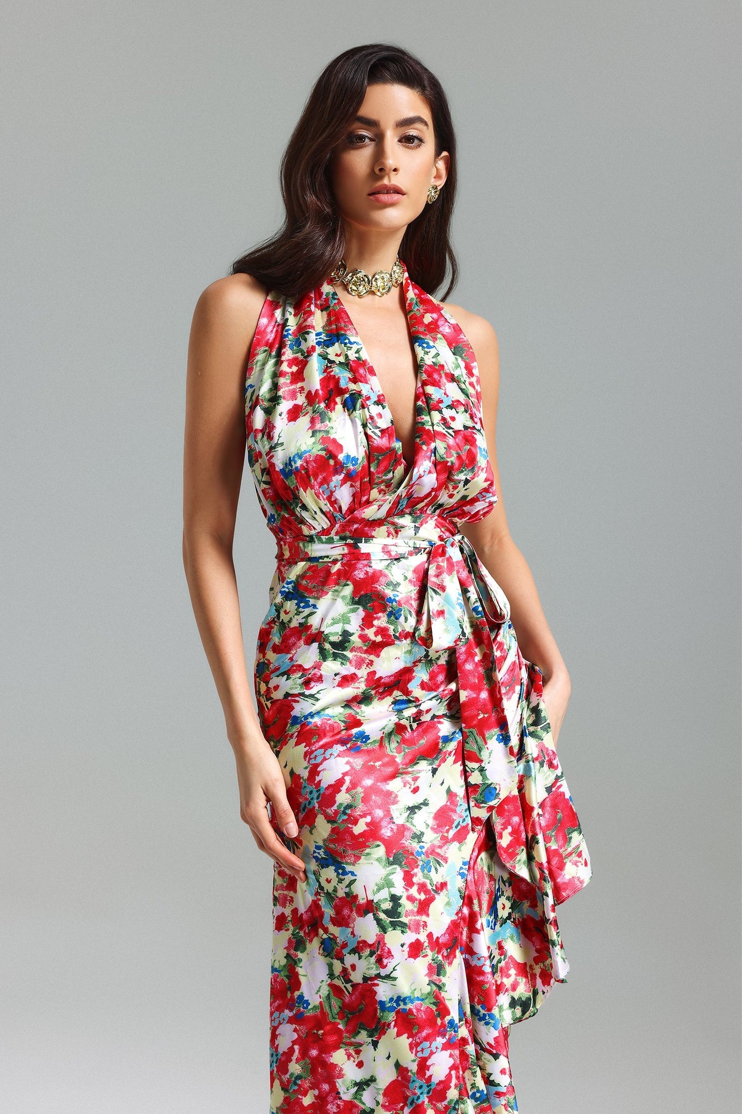 Unica Blumme Printed Halter Ruffled Kleid