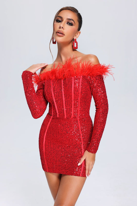 Wooh Feather Pailletten-Minikleid - Rot