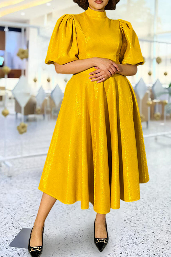 Chic Puff Sleeve Mock Neck A-line Dress