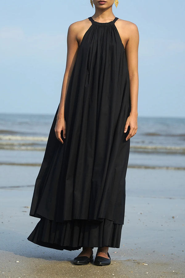 Casual Pleated Drawstring Layered Ruffle Midi Dress