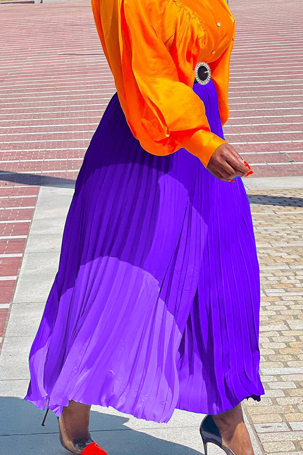 Color Block Pleated Maxi Dress With Belt