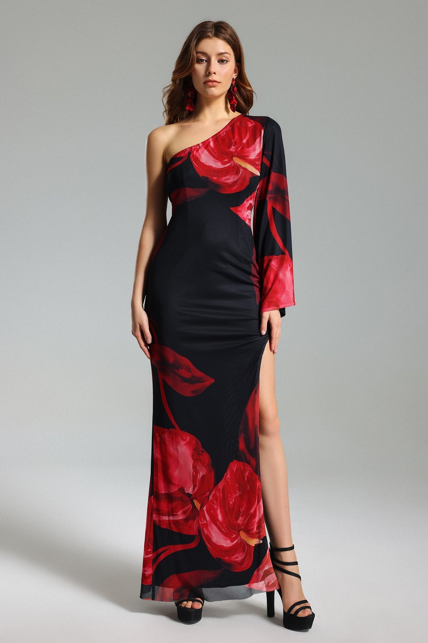 Xuliy Blumme Print Ein-Schulter Slit Kleid