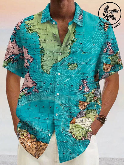 Stylish Map Pattern Cotton Linen Shirt