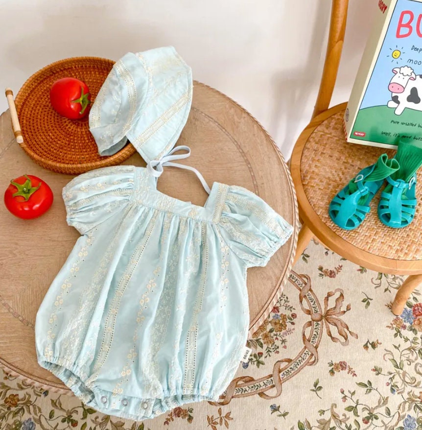 Embroidery Cotton Romper with Hat Set