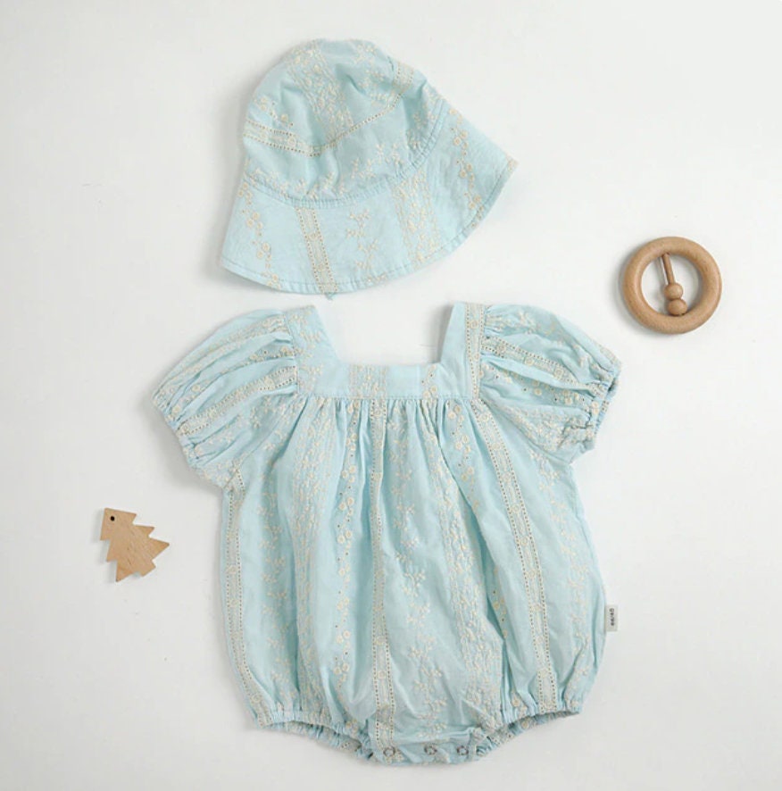 Embroidery Cotton Romper with Hat Set