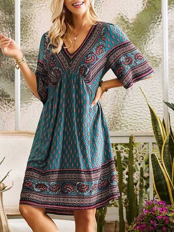 Casual V-neck Floral Resort Bohemian Beach Dress