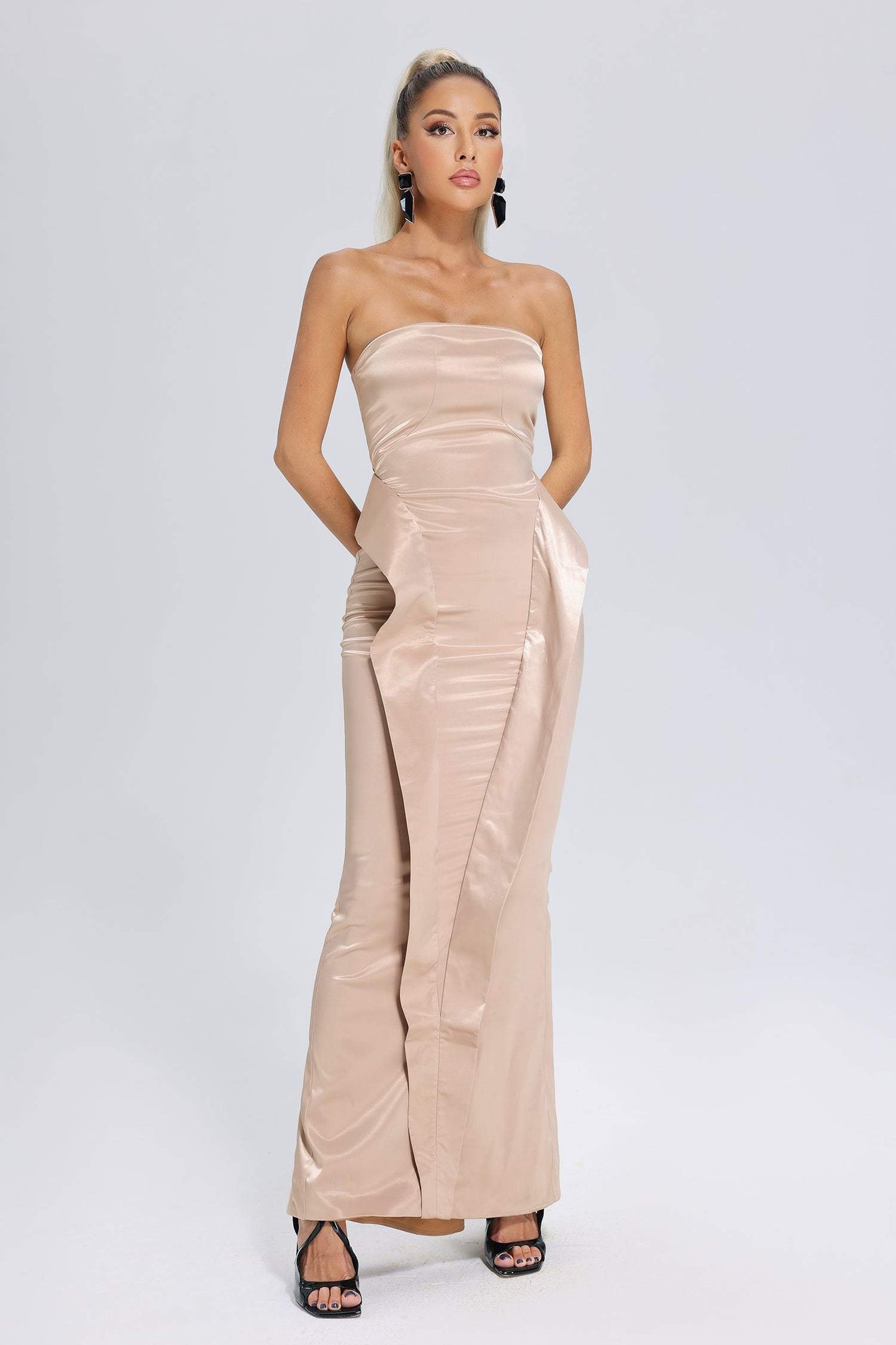 Reda Fishtail Tube Satin Maxi Dress