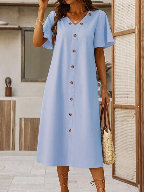 Cotton and Linen V-neck Decorative Round Button Short Sleeve Dress