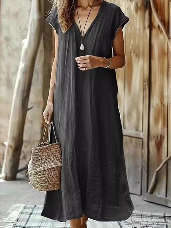 Cotton and Linen Solid Color V-Neck Midi Dress