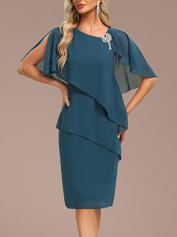 Blue Layered Cape Sleeve Asymmetric Neckline Shift Midi Dress