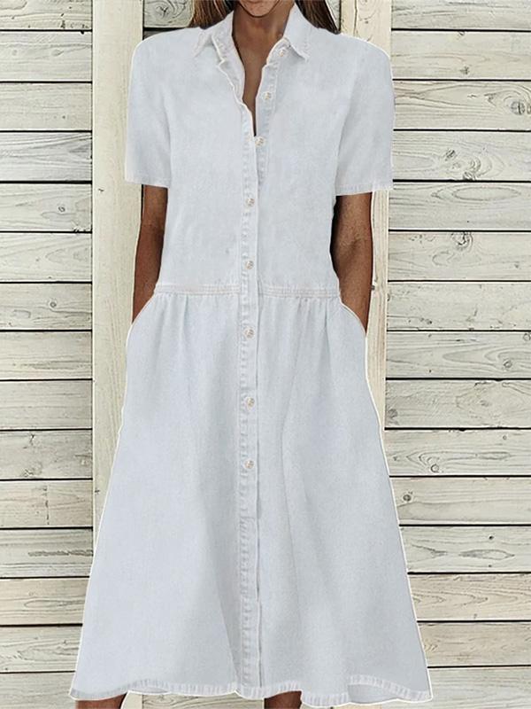 Cotton and Linen Mid-length Sleeve Waisted Solid Color Shirt Midi Dress