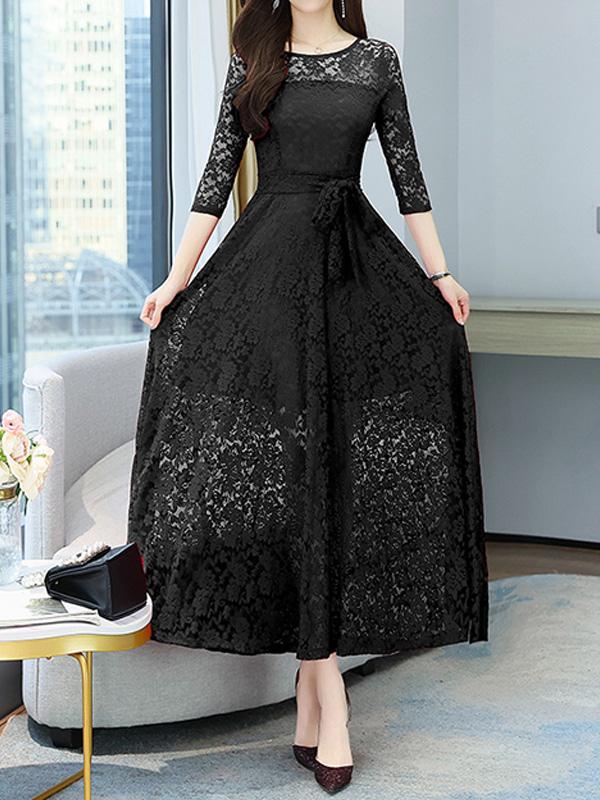 Lace Hollow Round Neck Three-quarter Sleeve Midi Skirt