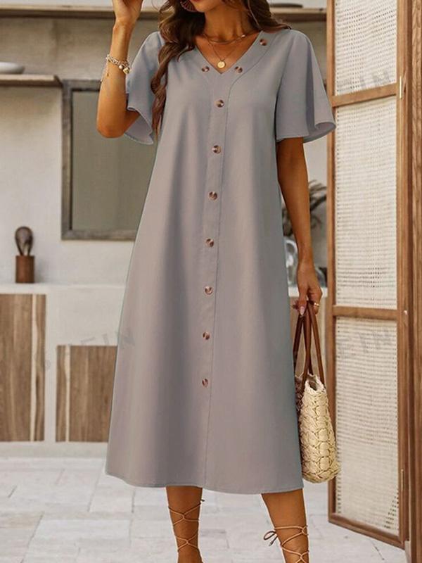 Cotton and Linen V-neck Decorative Round Button Short Sleeve Dress