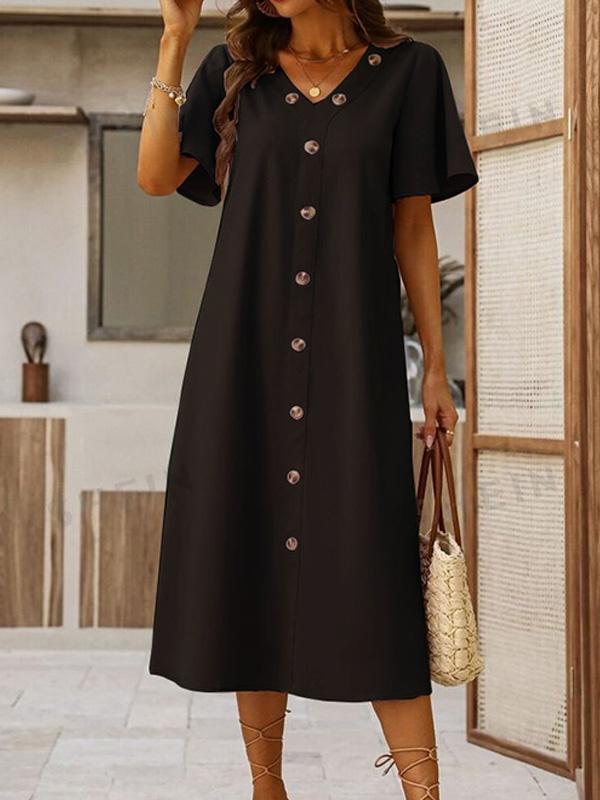 Cotton and Linen V-neck Decorative Round Button Short Sleeve Dress