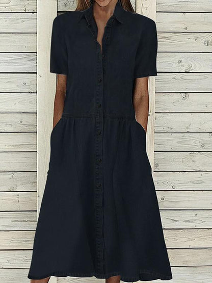 Cotton and Linen Mid-length Sleeve Waisted Solid Color Shirt Midi Dress