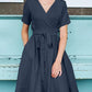 Cotton and Linen V-Neck Pocket Bowknot Midi Dress