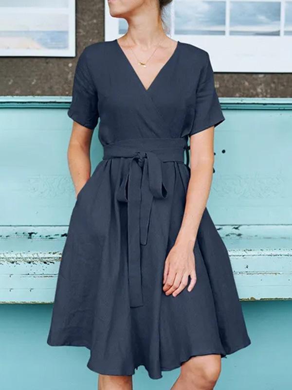 Cotton and Linen V-Neck Pocket Bowknot Midi Dress