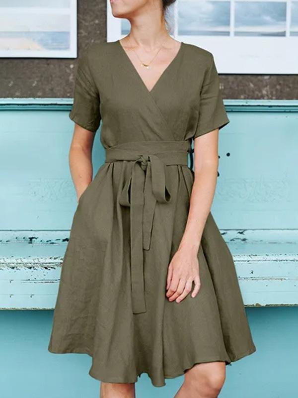 Cotton and Linen V-Neck Pocket Bowknot Midi Dress