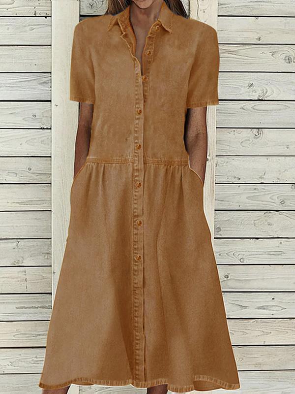 Cotton and Linen Mid-length Sleeve Waisted Solid Color Shirt Midi Dress