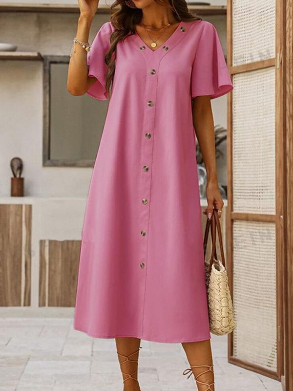 Cotton and Linen V-neck Decorative Round Button Short Sleeve Dress