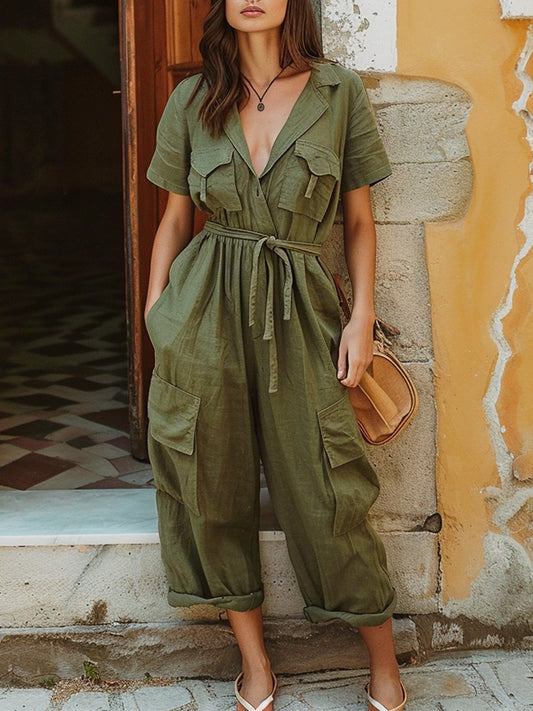 Cotton Linen Multi-Pocket Jumpsuit