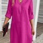 Cotton Linen Zipper V-Neck Long Sleeve Dress