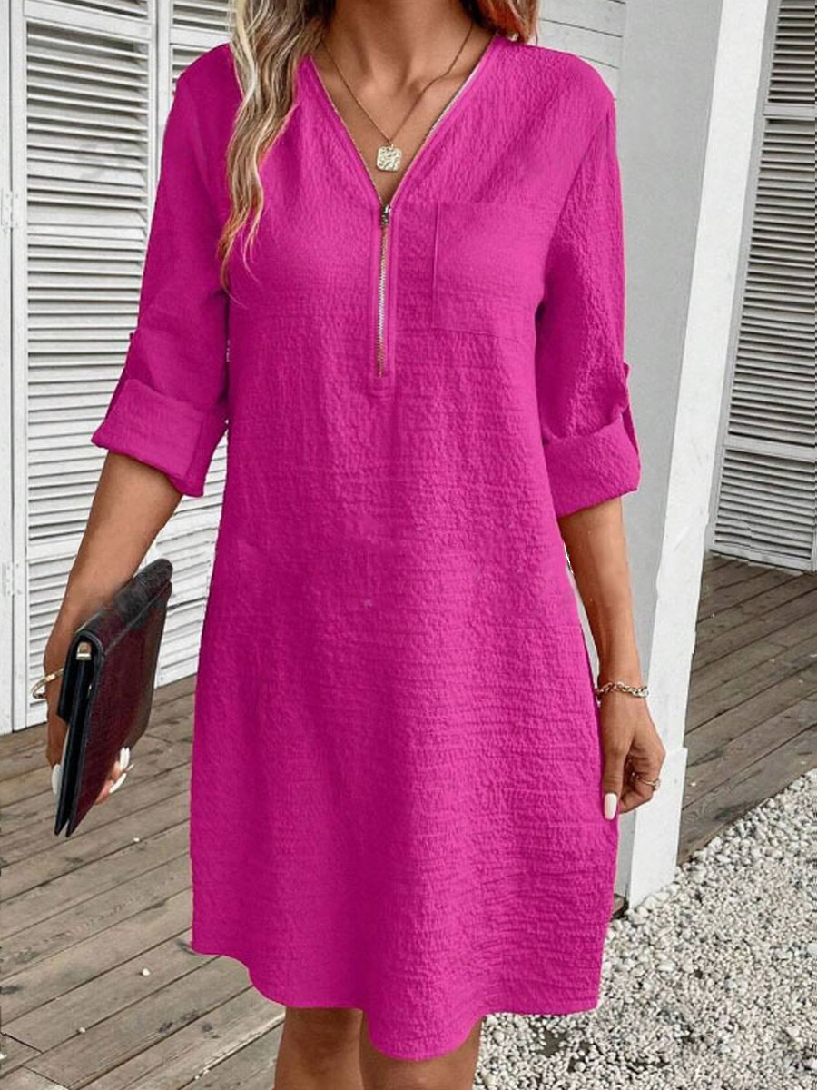 Cotton Linen Zipper V-Neck Long Sleeve Dress