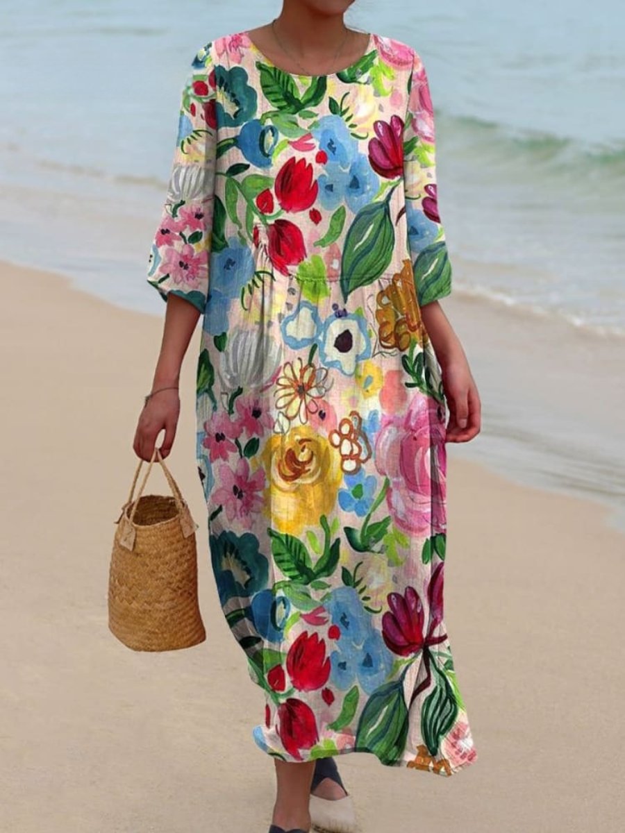 Cotton Linen Printed Patchwork Maxi Dress