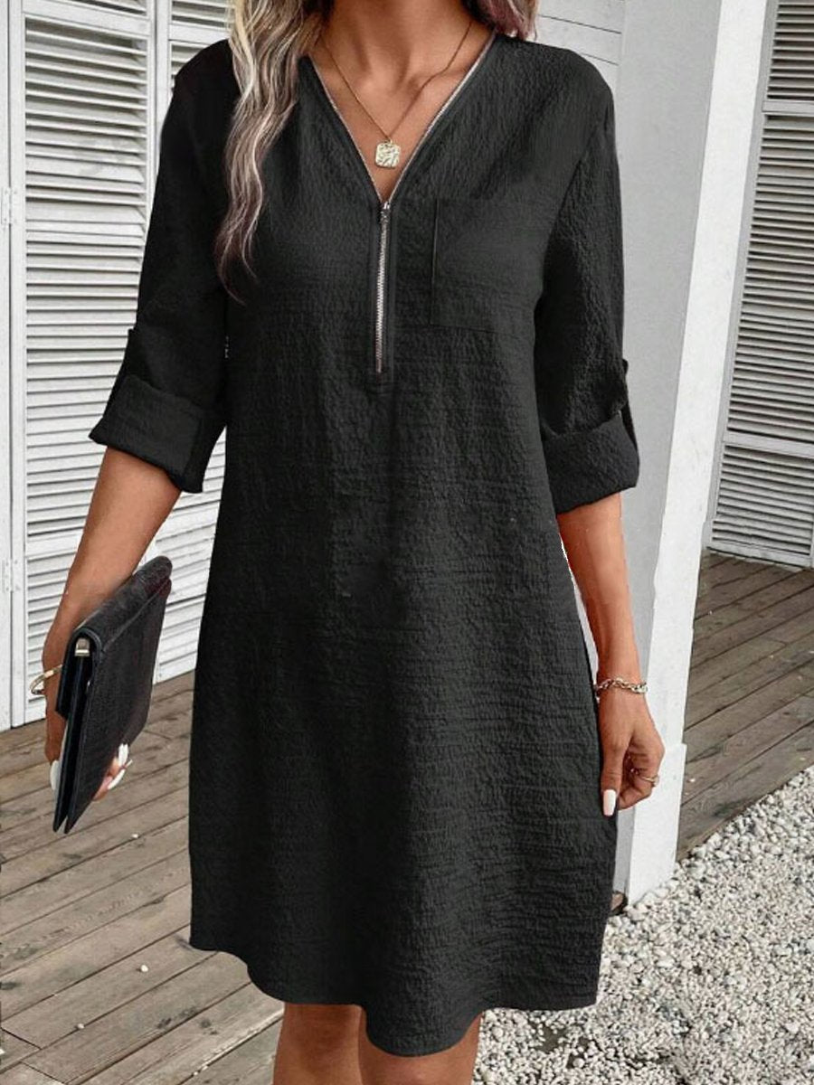 Cotton Linen Zipper V-Neck Long Sleeve Dress