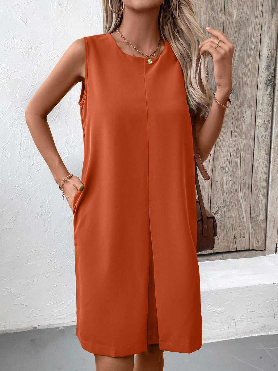 Basic Solid Color Sleeveless Pockets Shift Dress