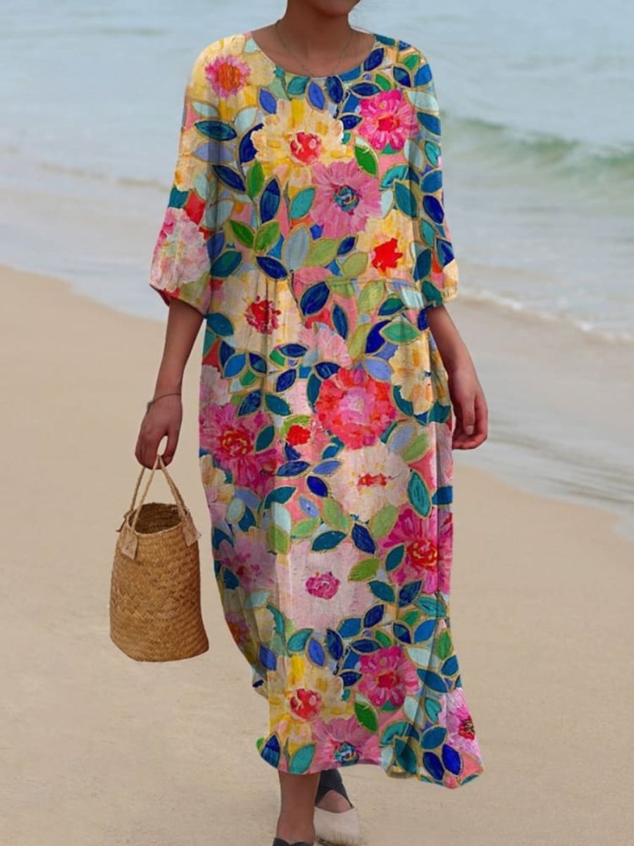 Cotton Linen Printed Patchwork Maxi Dress