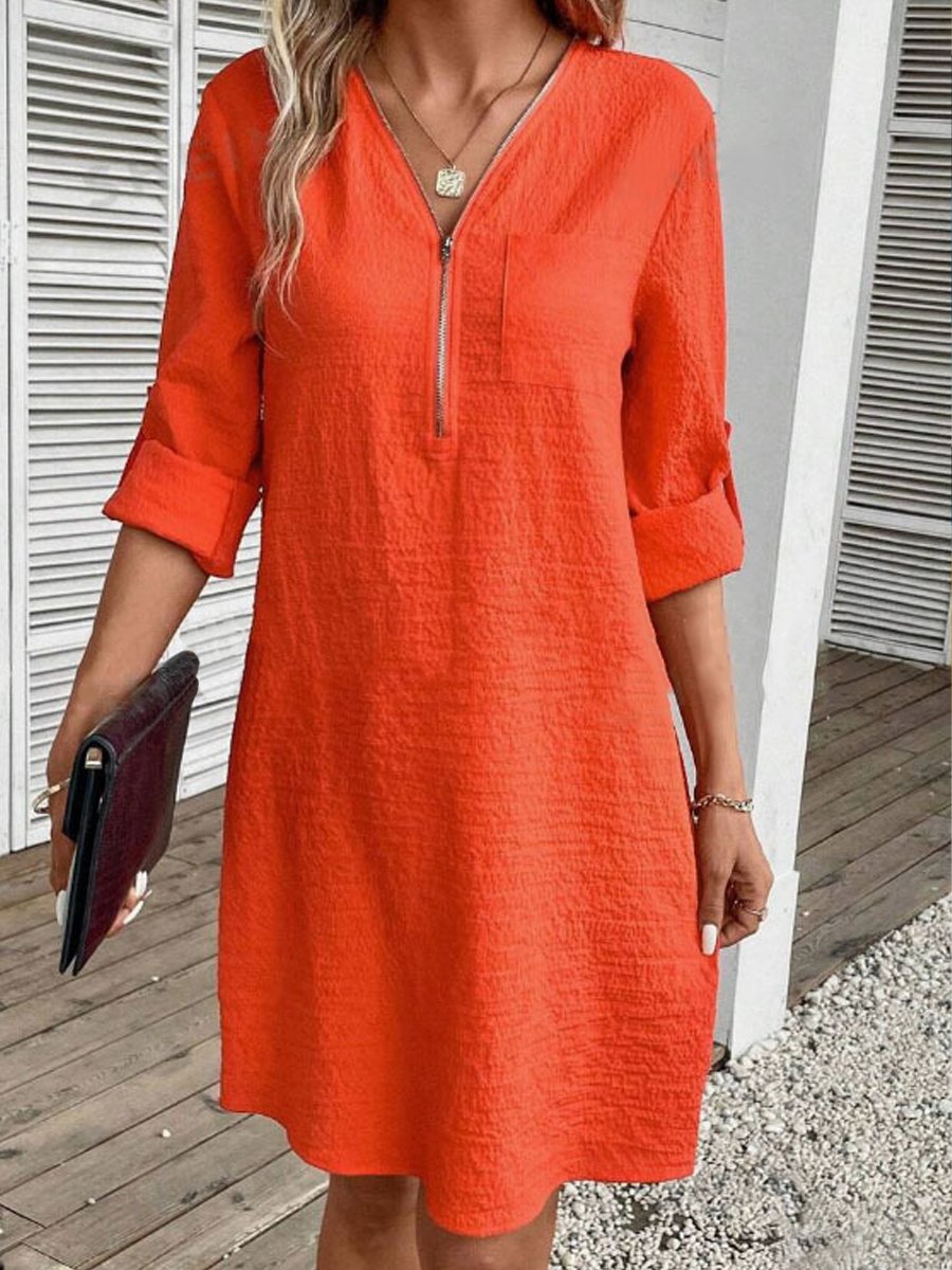 Cotton Linen Zipper V-Neck Long Sleeve Dress